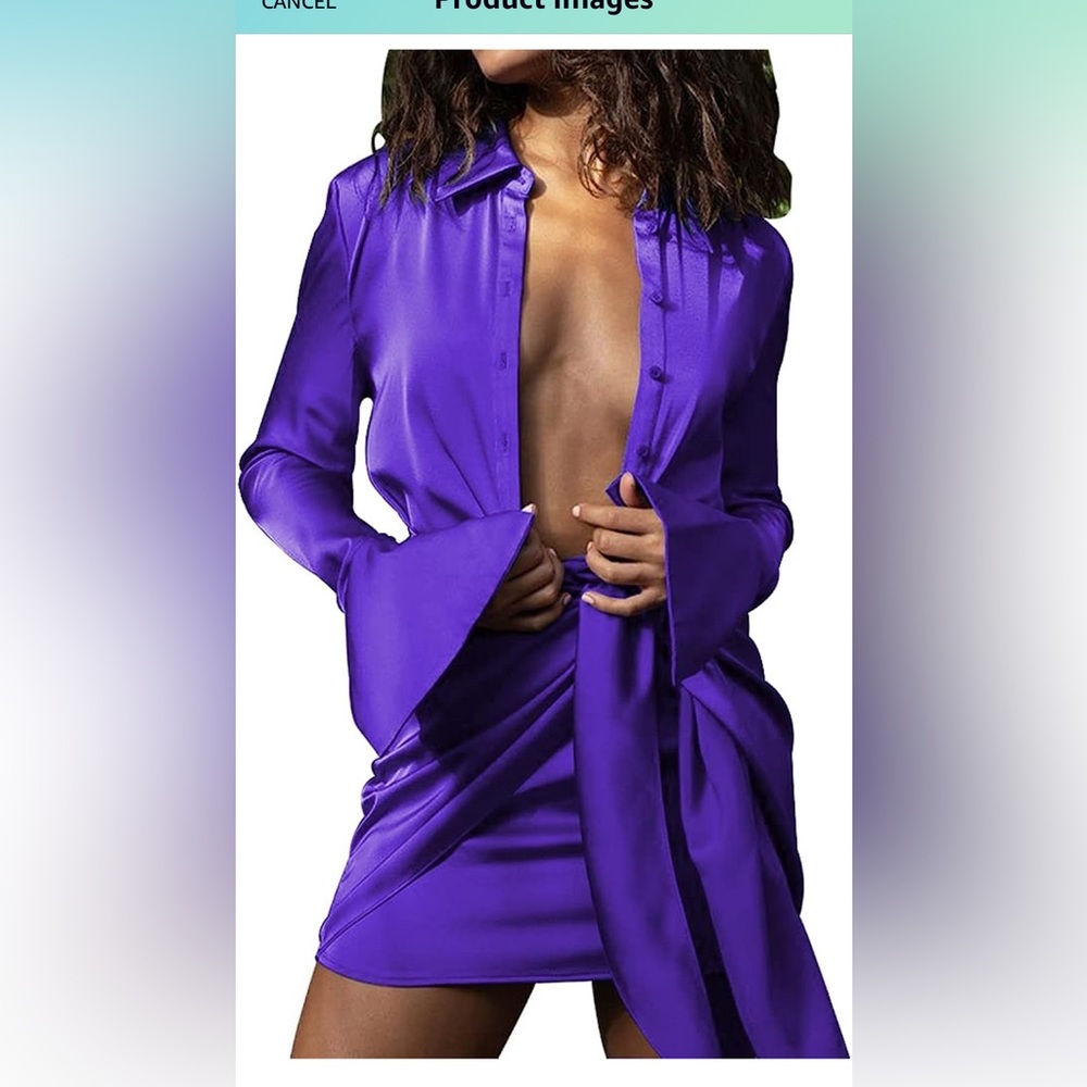 Women’s purple long sleeve, v neck, bodycon, satin wrap mini dress- never worn